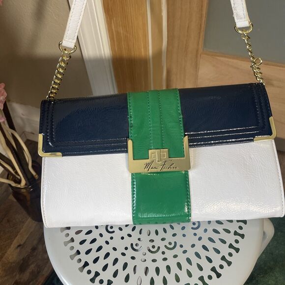 Designer Marc Fisher Handbag Croco Clutch Handbag Purse Green Blue White - Picture 3 of 9